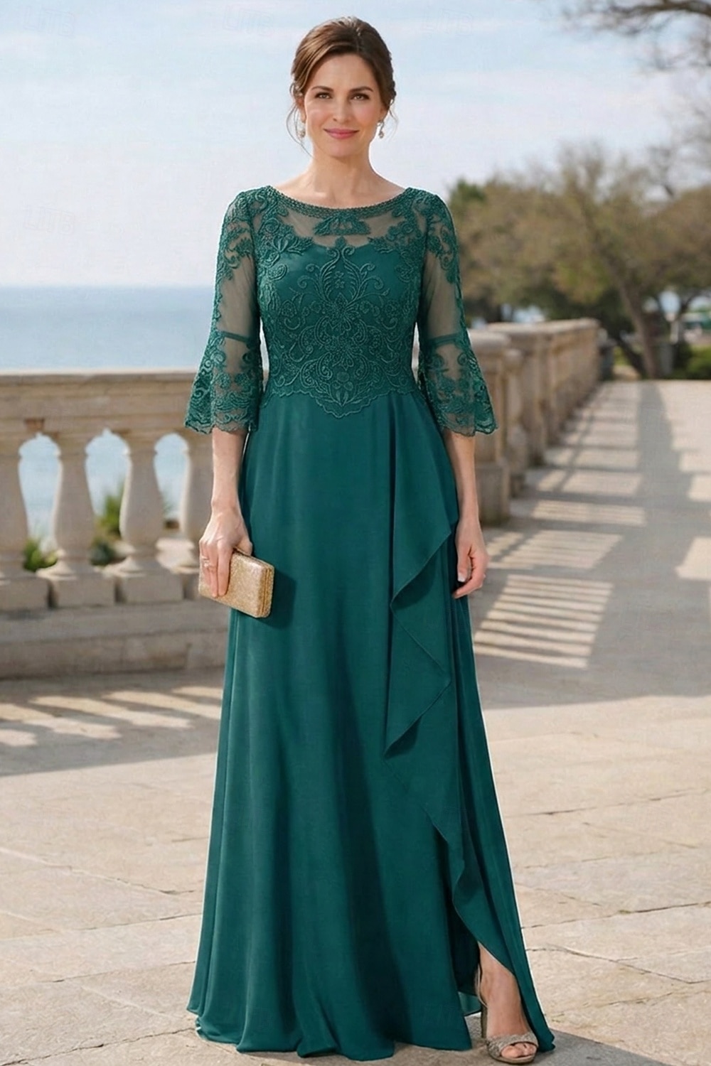 Corte A Hasta el Suelo Vestido Invitada Boda Vestido formal Vestido de noche Vestido de Madrina Manga Larga Cuello Barco Elegante Formal Invitado a la boda Noche formal Gasa con Un Color 2026 - $183.99 –P5
