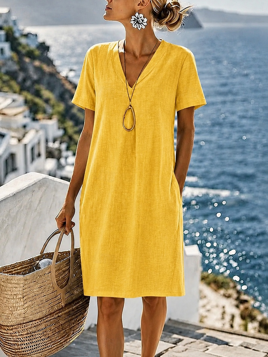Women's Cotton Linen Dresses Knee Length Dress Shift Dress Summer Dress  Casual Loose Fit Plain Short Sleeve V Neck Blue Yellow Green Summer Spring  2026 - $27.99