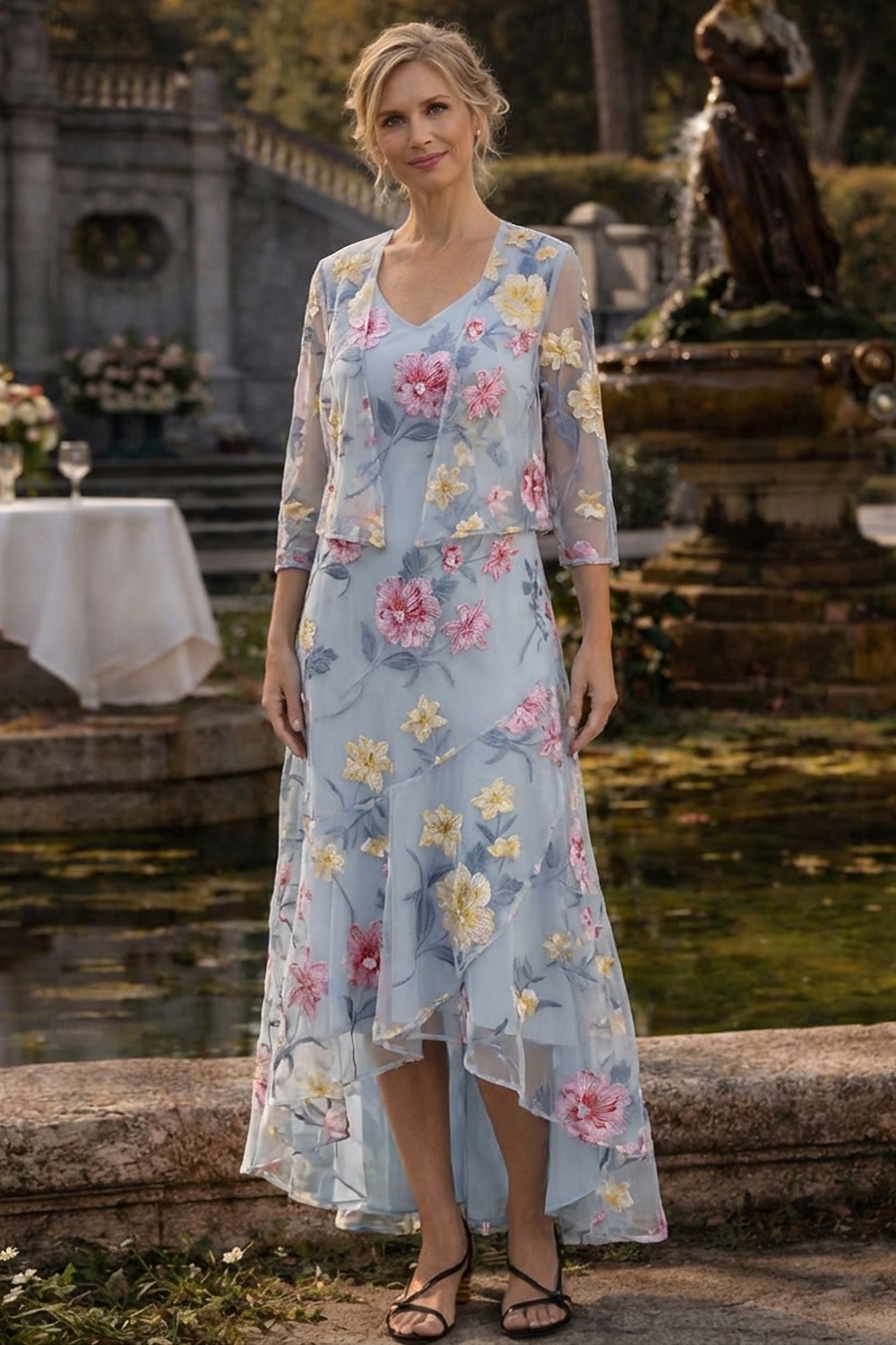 Due Pezzi Linea ad A Lunghezza Tè Abito da invitata a nozze Abito da cerimonia per signora Senza Maniche Manica 3/4 Scollo a V Elegante Semplice Formale Derby del Kentucky Semi-Formale Organza del 2026 a $195.99 –P1