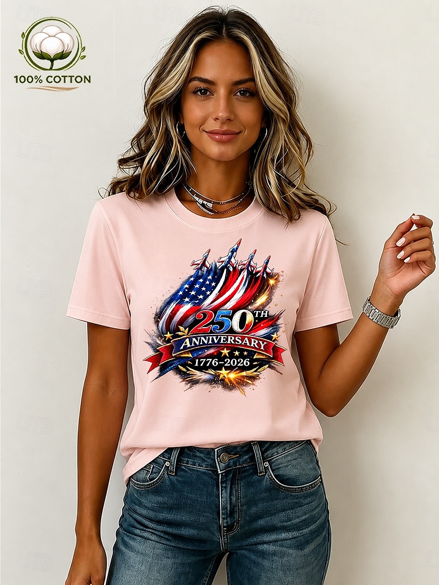 Amerikansk uavhengighetsdag Dame 100% قطن T skjorte Trykt mønster Grafisk Bokstaver Amerikansk flagg Årgang Stilfull Fritid Kortermet Crew-hals Vanlige topper Avslappet Daglig Helg Blå Svart Hvit 2026 - $24.99 –P2