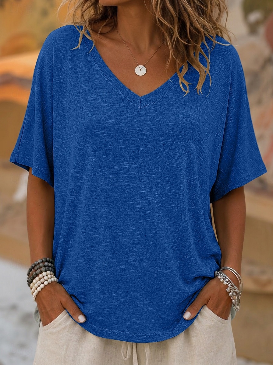Women's T Shirt Tee Top Solid Color Stylish Casual Short Sleeve V Neck Regular Tops Daily Summer Vacation Wear Blue Khaki White Orange Coffee Summer Spring 2026 - $19.99 –P3