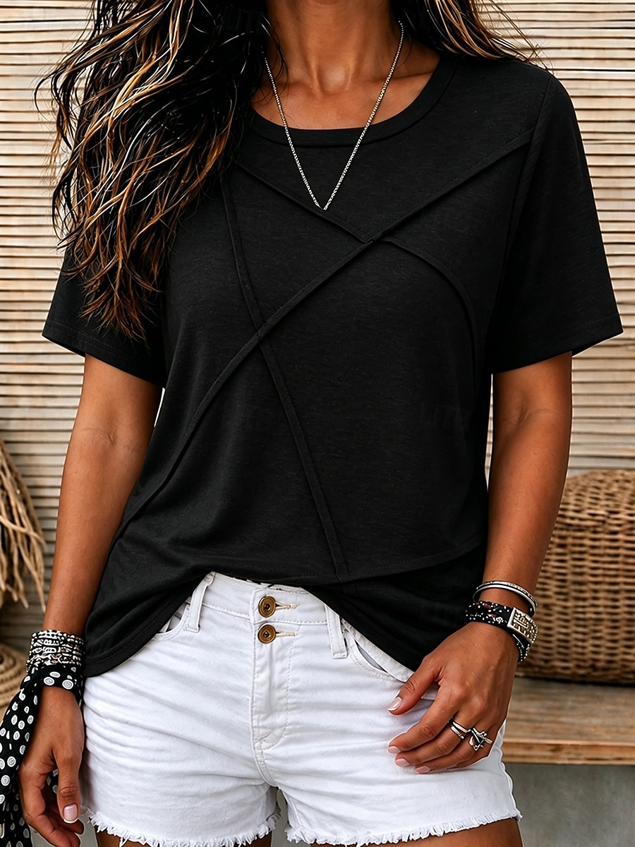 Dames T-shirt Lapwerk Effen Kleur Effen Vintage Casual Korte mouw Vleermuismouw Ronde hals Normale tops Casual blauw Zwart Blozend Roze Oranje Zomer Lente 2026 - $23.99 –P4
