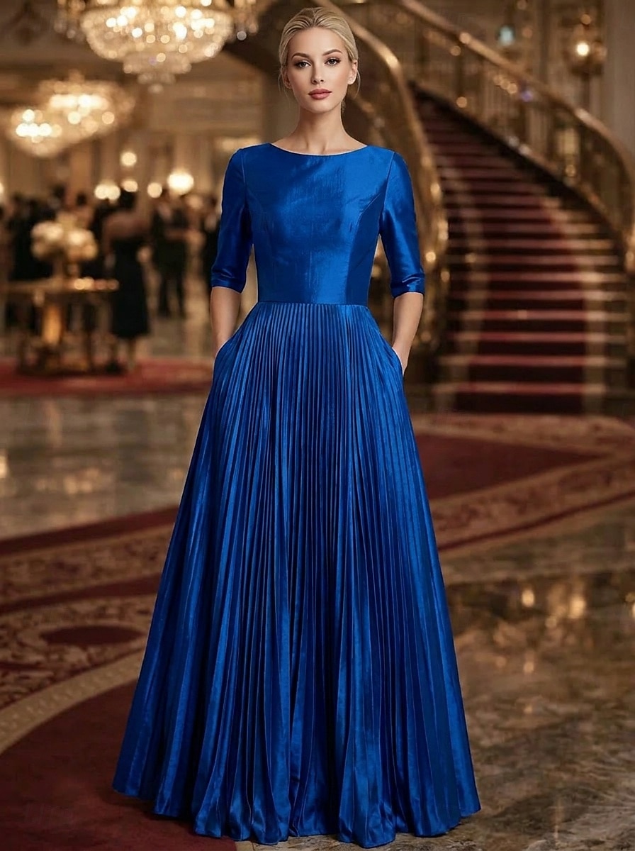 A-Line Floor Length Evening Gown Formal Dress Elegant Color Block  Glittering 3/4 Length Sleeve Crew Neck Prom Garden Party Taffeta with  Pleats Pocket Solid Color 2026 - AU $301.79