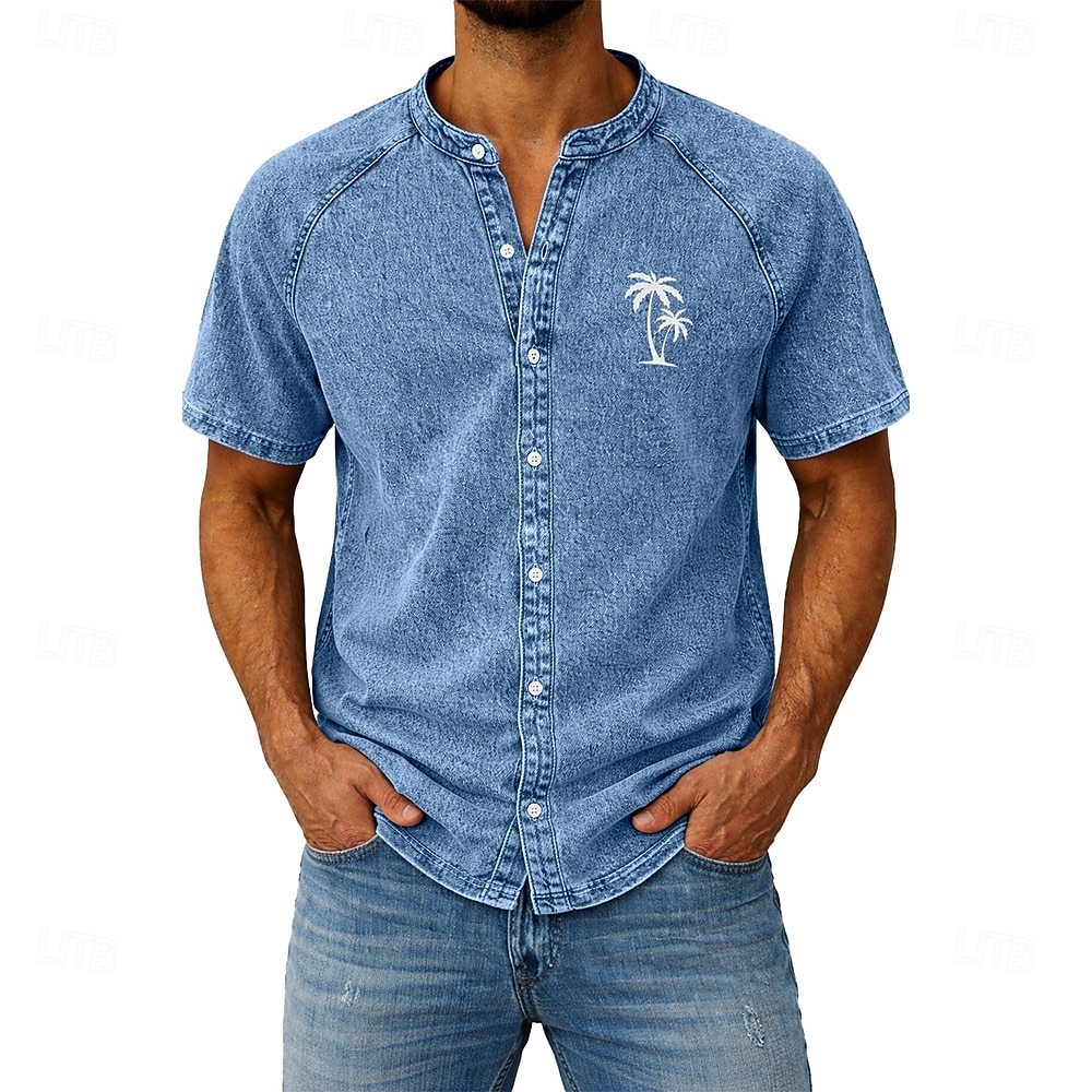 Men's Shirt Casual Shirt Button Up Shirt Garment Dyed Acid Wash Shirt Light Green Pink khaki Gray Light Blue Short Sleeve Plain Grandad Collar Casual Daily Clothing Apparel Elegant Fashion Casual 2026 - $31.99 –P6