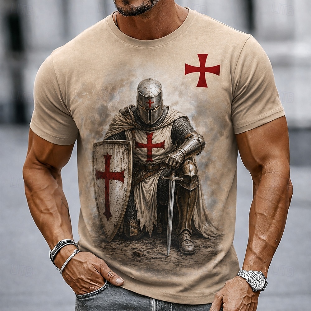 Men's Knights Templar Crusaders Cross T Shirt Short Sleeve T shirt 3D Print Crew Neck Shirt Religious Daily Street Holiday Light Brown Brown Khaki All Seasons Clothing Apparel S M L XL XXL XXXL 2026 - $18.99 –P1