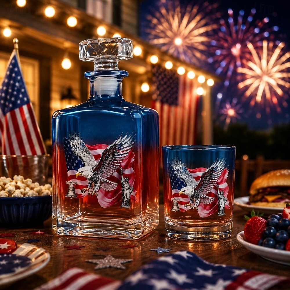 USA 250. évfordulós whiskysüveg &pohárkészlet, hazafias amerikai dekantáló ajándékkészlet sas zászló mintával, 1776-2026 limitált kiadású bourbon skót likőrös üveg és whiskyspohár férfiaknak, apa 2026 - $32.99 –P4