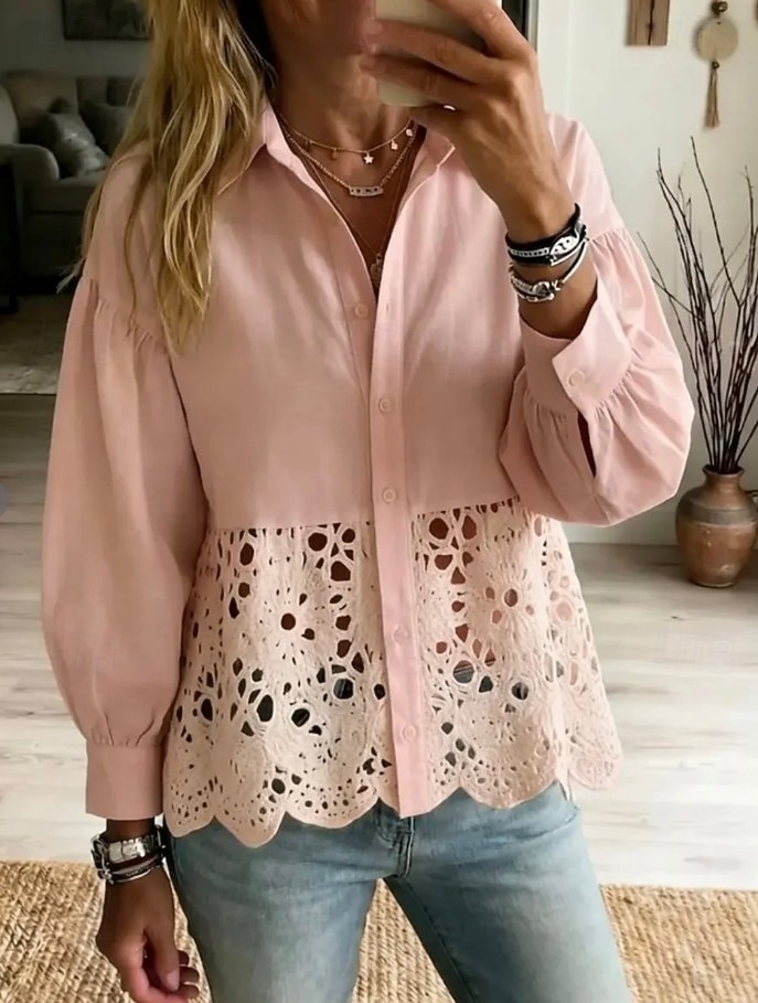 Per donna Camicia Pizzo Elegante Bohemien Vacanza Manica Lunga Top Regolari Casuale Quotidiano Ferie Blu Rosa Beige Estate Primavera del 2026 a $32.99 –P3