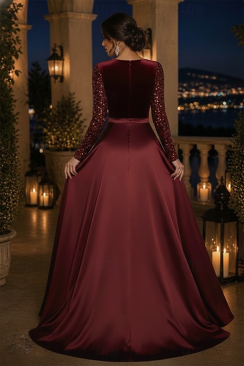 A-Line Floor Length Formal Dresses Mother of the Bride Dress Evening Gown Formal Dress Elegant Glittering Sparkle Long Sleeve V Neck Wedding Formal Satin Sequined with Solid Color 2026 - $182.99 –P3
