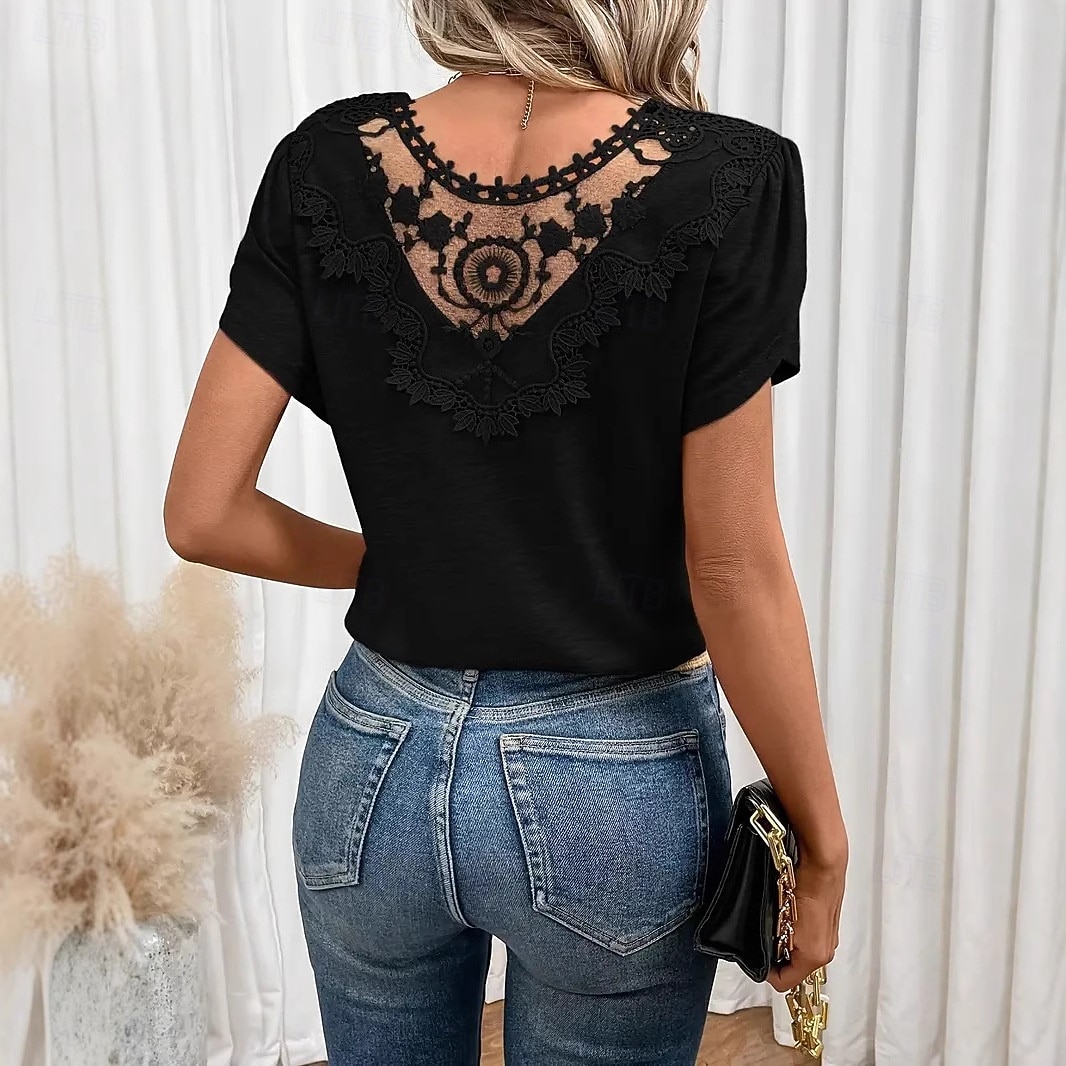 Dames T-shirt Kant Effen Kleur Vintage Stijlvol Basic Korte mouw V-hals Normale tops Casual Dagelijks Zwart Groen Beige Zomer Lente 2026 - $24.99 –P5
