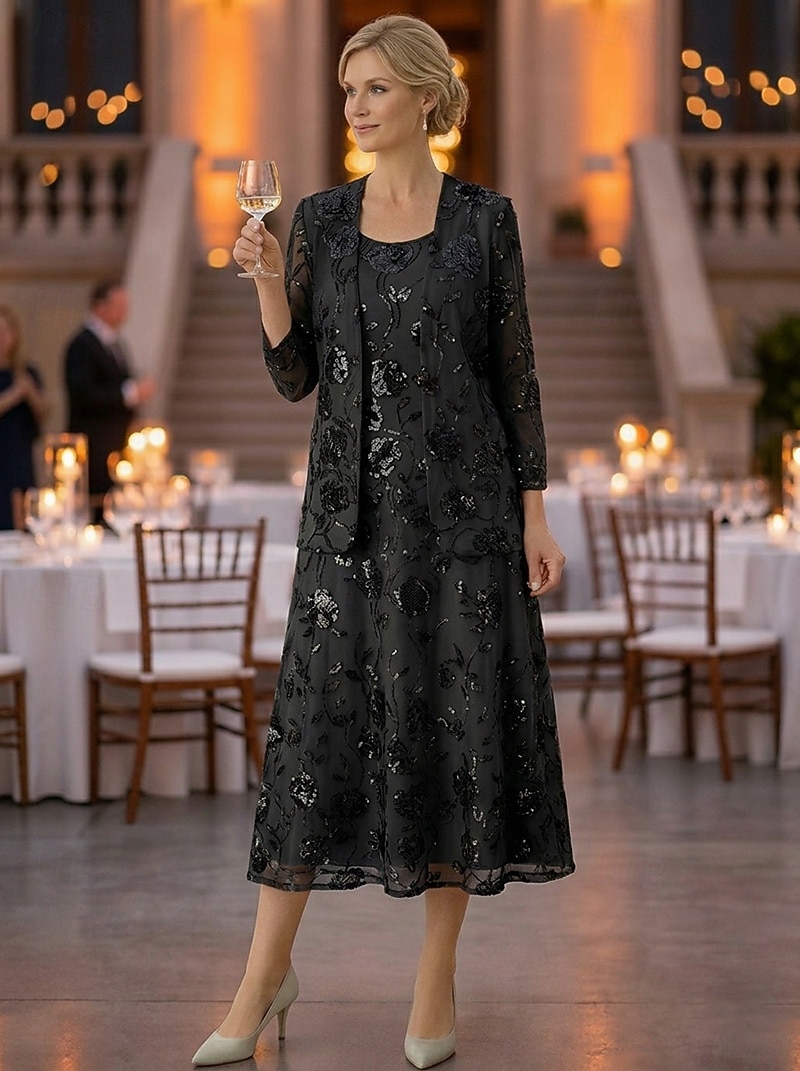 Zweiteilig A-Linie Knöchellänge Tee-Länge Kleid für Hochzeitsgäste Brautmutterkleid Ärmellos Langarm Rundausschnitt Elegant luxuriös Glanz & Glamour Formell Hochzeitsgast Chiffon Paillettenbesetzt mit 2026 - $182.99 –P9