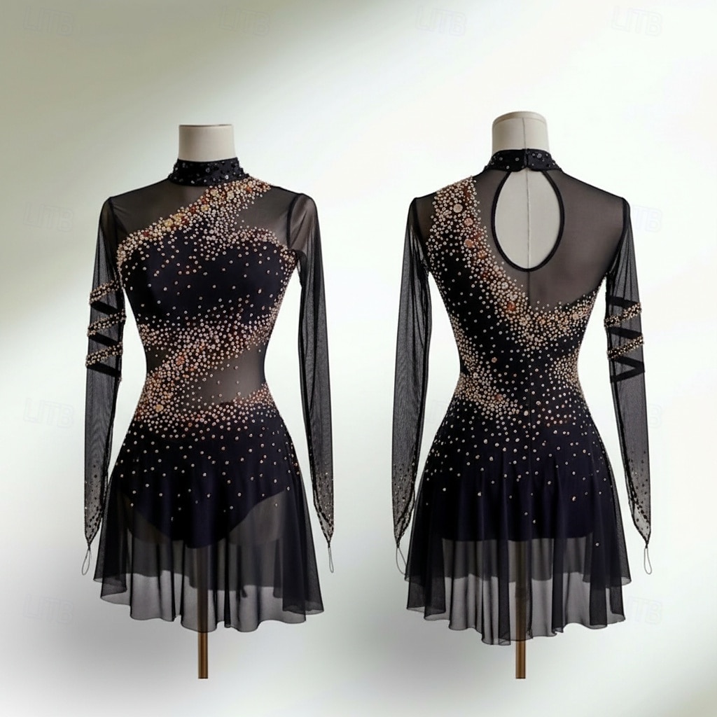 Figure Skating Dress Women's Ice Skating Dress Black Patchwork Asymmetric Hem Stretchy Training Competition Skating Wear Classic Crystal / Rhinestone Long Sleeve Ice Skating Figure Skating 2026 - $686.59 –P1