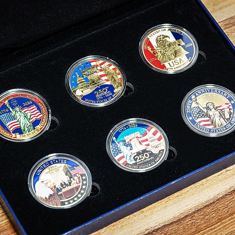 Gedenkmünzen-Set zum 250. Jahrestag der USA, 6 Münzen in Geschenkbox, patriotische Sammlermünzen für den Zeitraum 1776–2026, Souvenir zum Unabhängigkeitstag, historische amerikanische Münzen, 2026 - $39.99 –P11