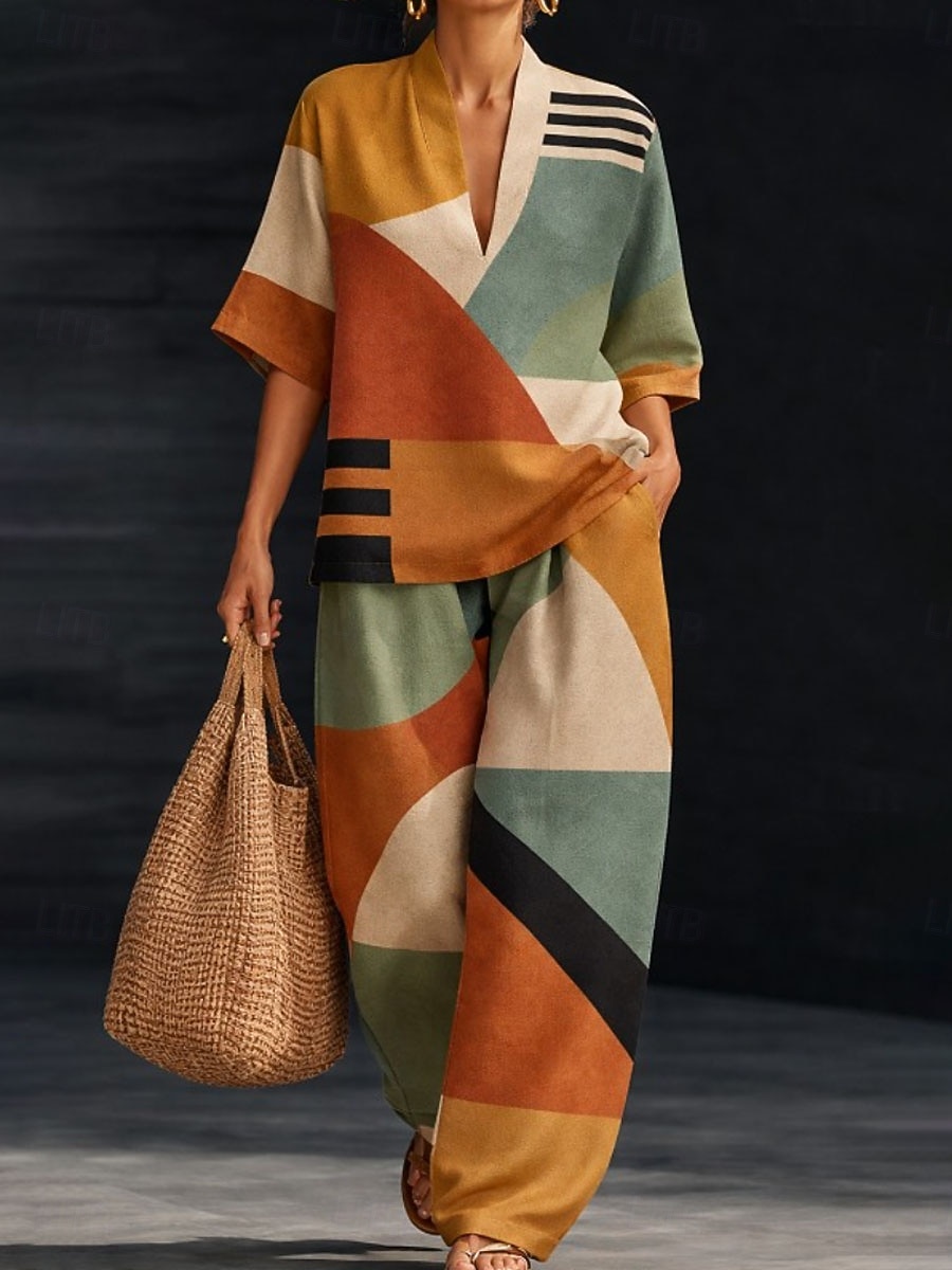 Women's Shirt Pants Sets Half Sleeve V Neck Graphic Geometric Print Vacation Fashion Streetwear Casual Daily Outdoor Blue Orange Beige Spring & Summer Loose Fit 2026 - $55.99 –P5