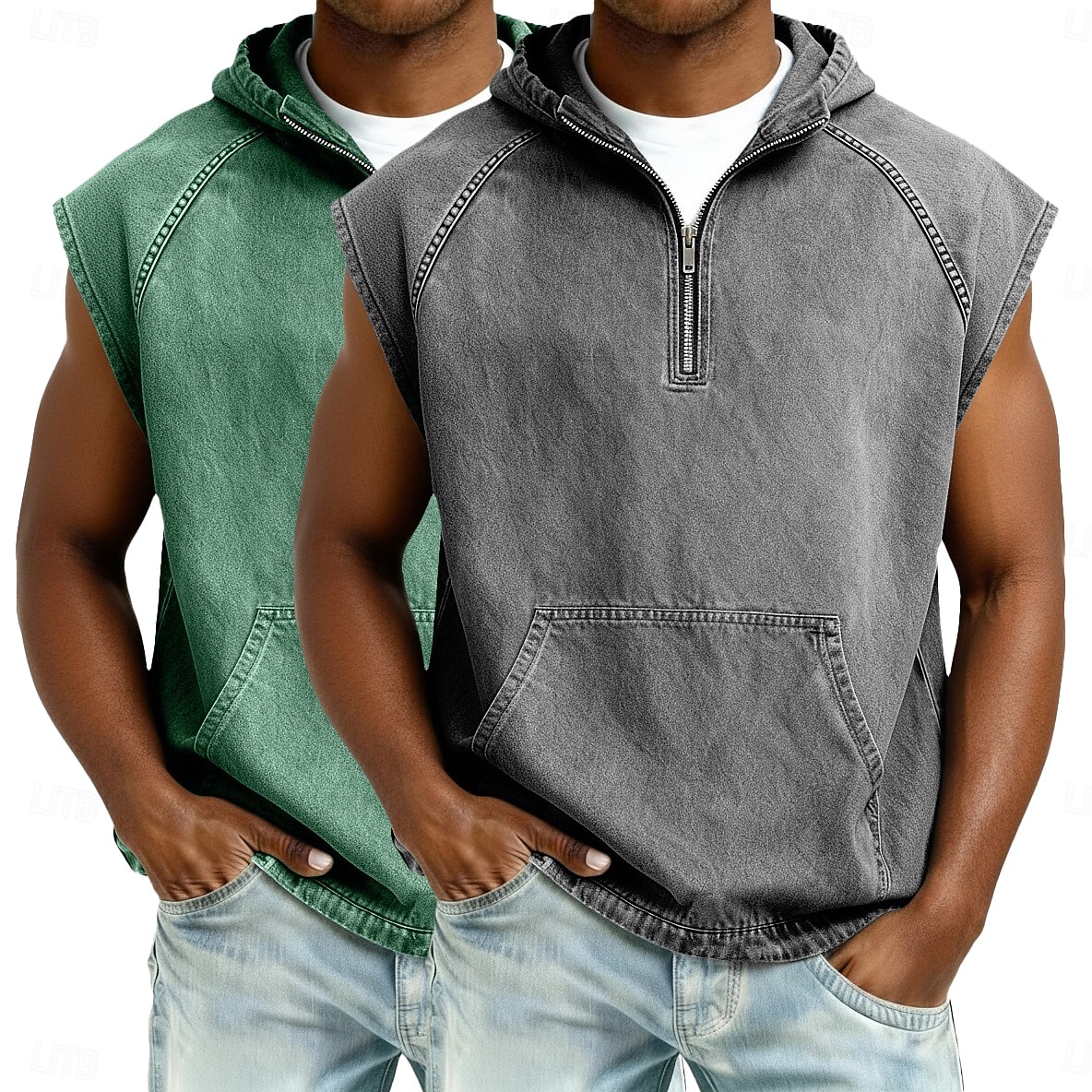 softfade™ canotta da uomo 2 pezzi top gilet top in denim camicia lavaggio acido senza maniche cappuccio zip estate primavera semplice capo basic tinto cappuccio casual vacanza strada nero kaki top del 2026 a $62.99 –P7
