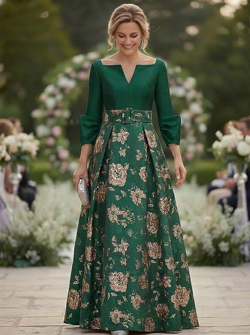A-Line Floor Length Formal Dresses Evening Gown Mother of the Bride Dress 3/4 Length Sleeve V Neck Square Neck Elegant Simple Formal Wedding Guest Semi Formal Metallic Fabric Jacquard with Pleats 2026 - $171.99 –P5