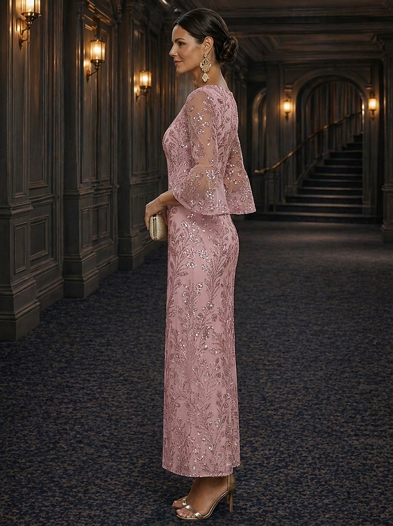 Linha A Vestidos Longo Até o Tornozelo Vestido Coquetel Vestido Para Mãe dos Noivos Manga Longa Decote V Elegante Luxuoso Brilho & Glitter Formal Convidado do casamento Semi formal Renda com Miçangas de 2026 por $108.49 –P2