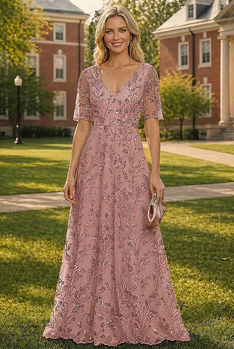 A-Line Dress Floor Length Maxi Dress Mother of the Bride Dress Short Sleeve V Neck A-Line Dress Floor Length Maxi Dress Mother of the Bride Dress Short Sleeve V Neck