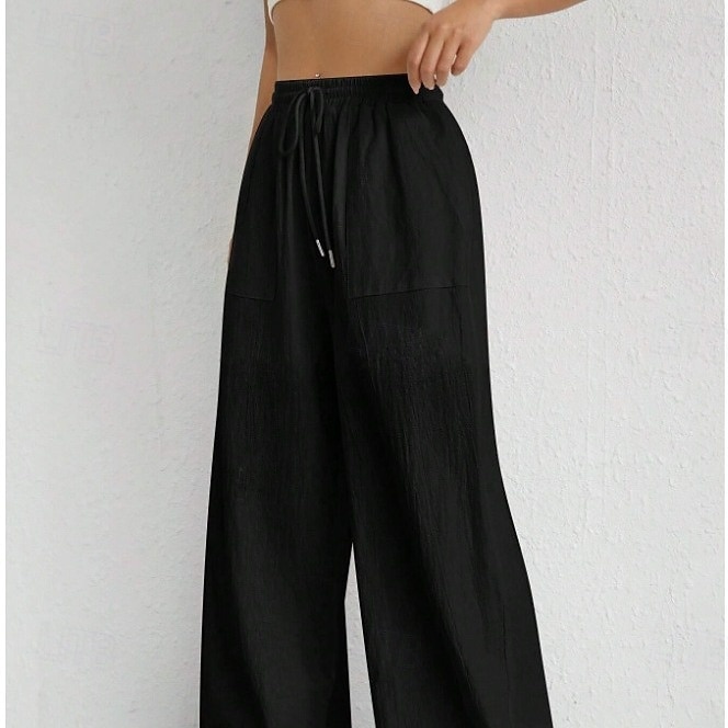 Damen Schlaghose Elegant Mode Volle Länge Hohe Taille Einfarbig Kordelzug Komfort Unelastisch Lässig Urlaub Schwarz Weiß Himmelblau Kamel Sommer Frühling Lässiger Schnitt 2026 - $27.99 –P6