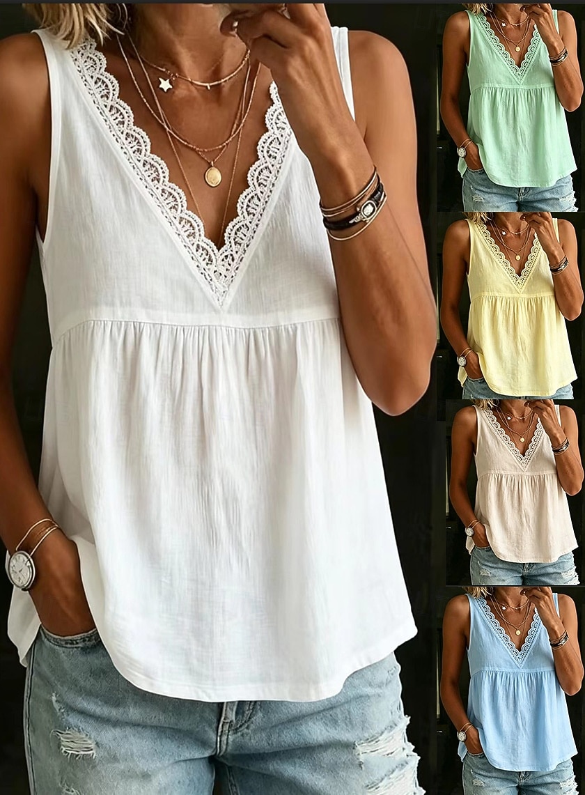 Femmes Chemisier Débardeur Dentelle Couleur Unie ancien Élégant Classique Sans manches Col en V Hauts Réguliers Occasionnel Quotidien Bleu Blanche Jaune Vert Beige Été Printemps de 2026 ? $21.99 –P6