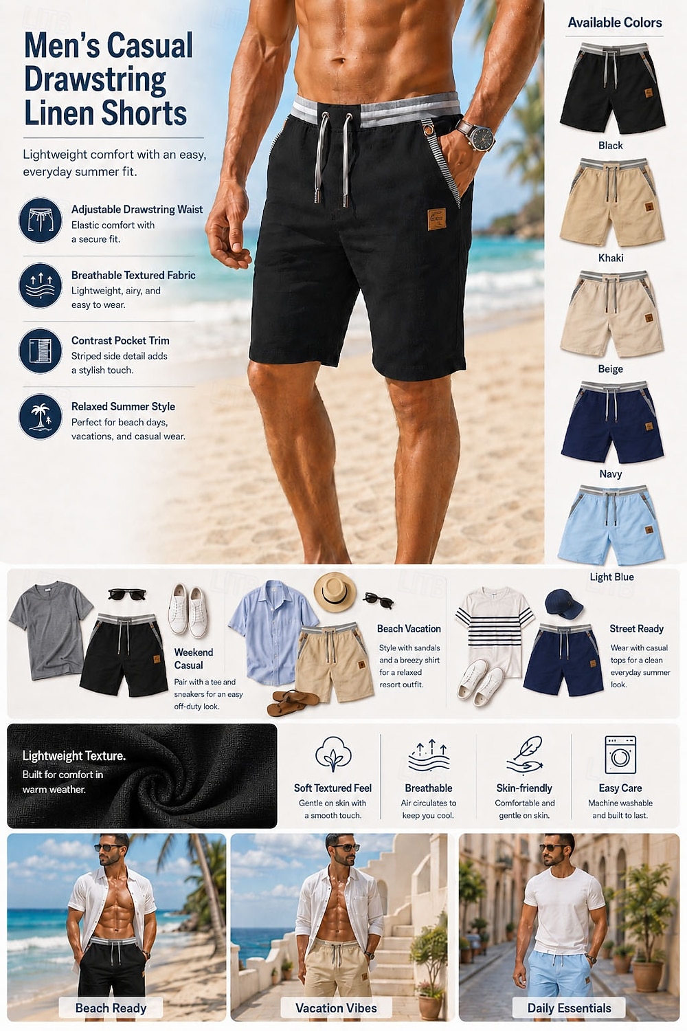 Herren Shorts Leinenshorts Sommershorts Strandshorts Kordelzug Tasche Elastischer Bund Farbblock Einheitliche Farbe Komfort Atmungsaktiv Kurz Lässig Täglich Strand Urlaub Mode Khaki Cachi scuro 2026 - $28.99 –P1