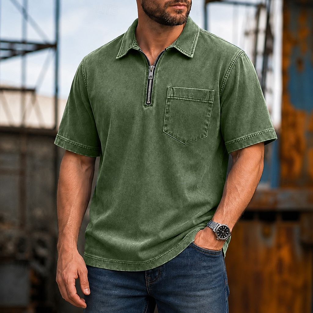 Koszule polo SoftFade™ Męskie 100% Bawełna Koszula z efektem washed Casual Codzienny ubiór Zamek ćwierć zamka Krótki rękaw Vintage Podstawowa Gładka Kieszonka Zniszczona Lato Luźny krój Czarny Różowy 2026 - $35.99 –P13