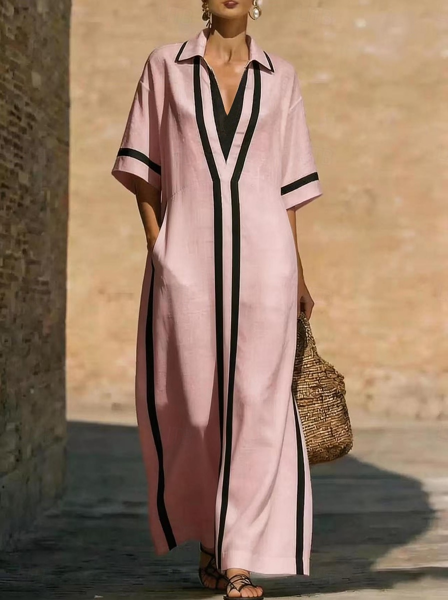 Dame Maxikjole Uformell kjole Sommerkjole Elegant Grunnleggende Klassisk Daglig Feriereise Normal عادي Halvlange ermer Skjortekrage Svart Hvit Rosa Aprikos Sommer Vår 2026 - $32.99 –P4