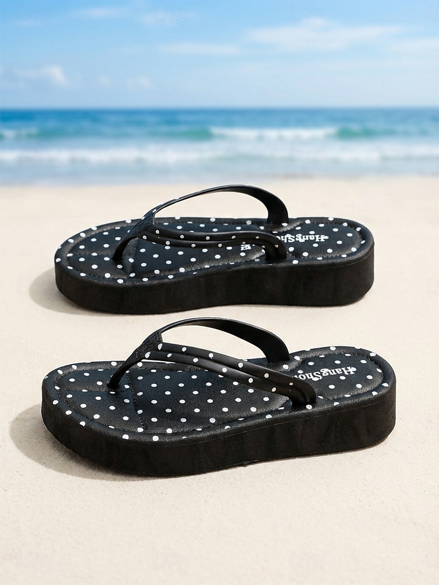 Women's Black Polka Dot Platform Flip Flops - Chic Polka Dot Pattern ...