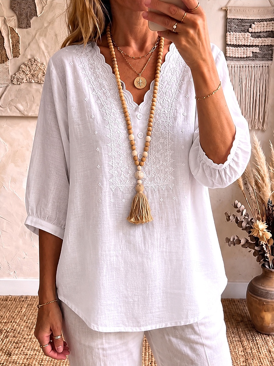 Bluza brodată pentru femei cămașă boho cămașă cu dantelă florală elegantă boemă vacanță guler în V tops lungi casual zilnic vacanță khaki negru alb verde vară primăvară 2026 - $37.99 –P5