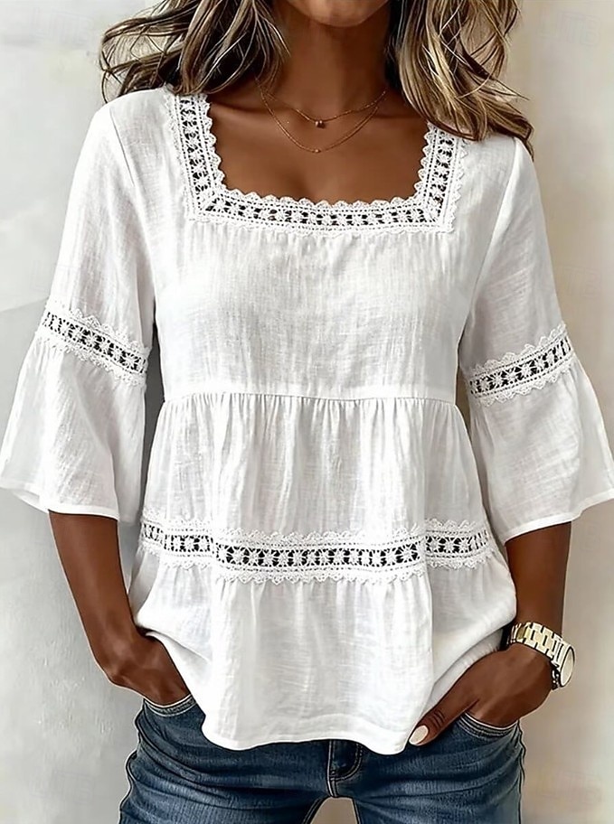 Festival de Música Mulheres Blusa Renda Patchwork Guarnição do laço Côr Sólida Diário à moda Básico Manga 3/4 Decote Quadrado Tops longos Casual Diário Preto Branco Azul Céu Verde Verão Primavera de 2026 por $13.99 –P5