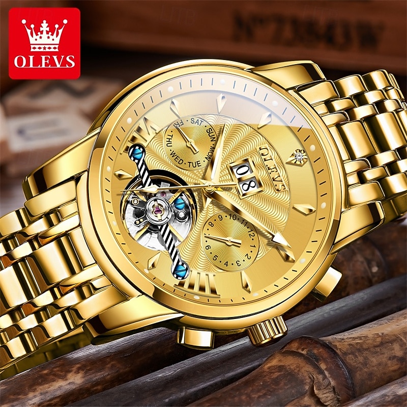 Men's Luxury Automatic Mechanical Watch, Two Tone Stainless Steel, Blue Dial Skeleton Tourbillon Style, Self-Winding Business Wristwatch with Big Date Day 24H Waterproof Luminous Gift for Him 2026 - $96.99 –P2