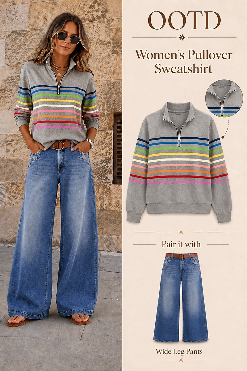 Mujer Sudadera Retazos Estampado Cremallera de un cuarto Plano A Rayas Elegante Cálido Clásico Manga Larga Escote en Pico Tops regulares Casual Hogar Trabajo Verde Trébol Azul Oscuro Gris Otoño 2026 - $12.99 –P1