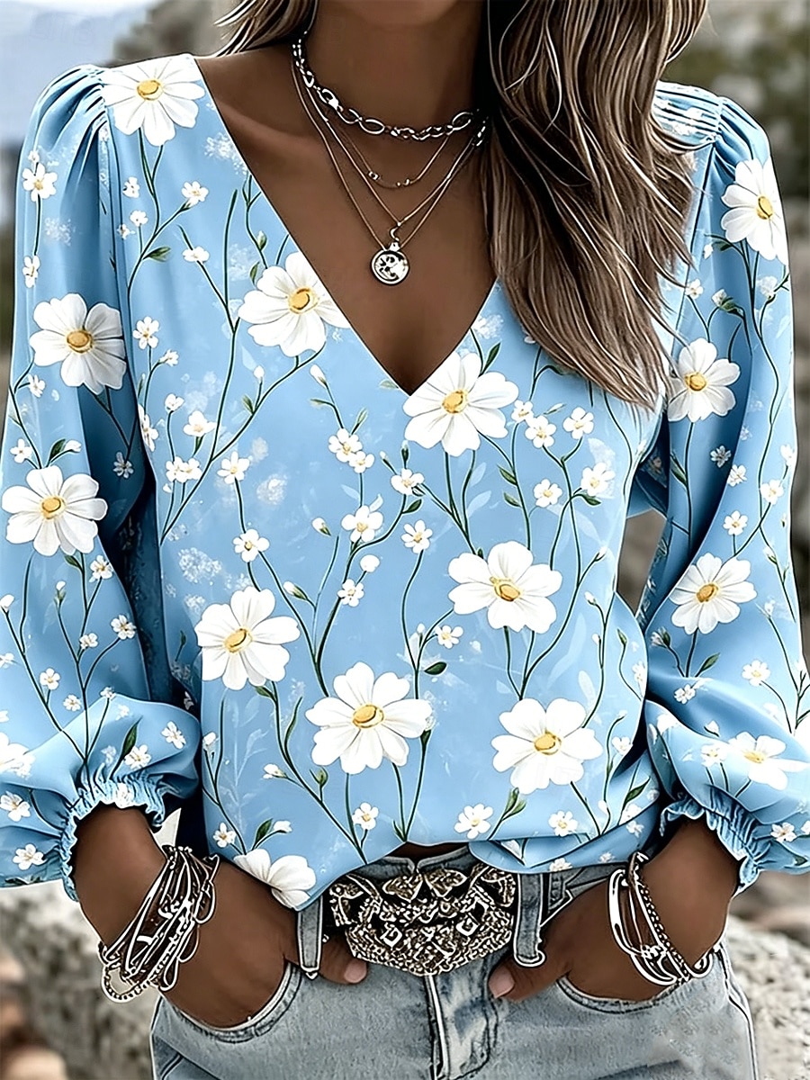 Per donna Camicia Stampato Floreale Grafico Bohemien Vacanza Vintage Manica Lunga Manica a Lanterna Scollo a V Top Regolari Casuale Quotidiano Ferie Blu Rosa Viola Verde Estate Primavera del 2026 a $32.99 –P3
