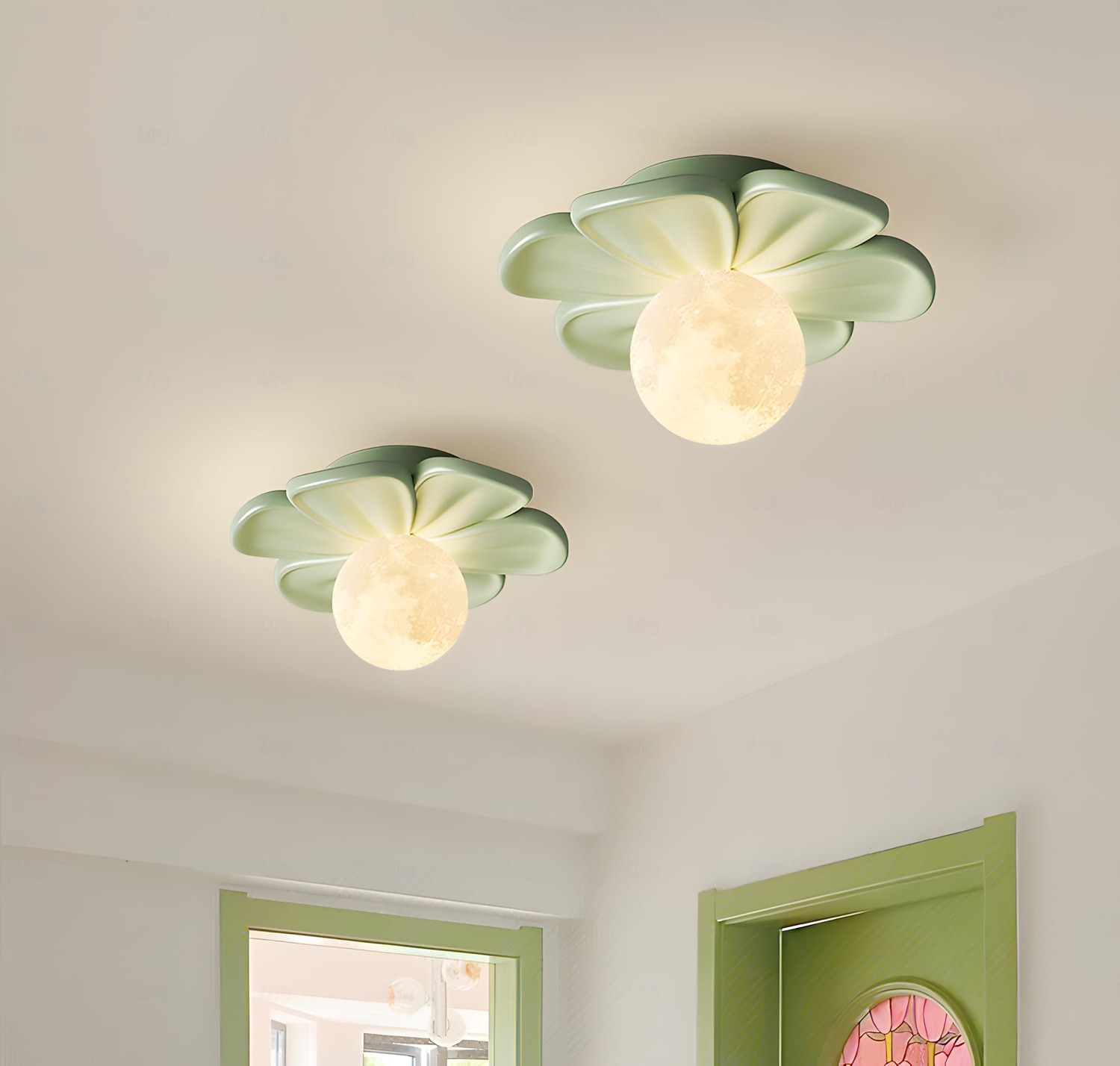 Lampă de tavan semi-încastrată, corp de iluminat modern pentru hol, cu floare verde din rășină, bec inclus, lumini 3D cu lună pentru insulă de bucătărie, dormitor, living, verandă, coridor 2026 - $90.99 –P15
