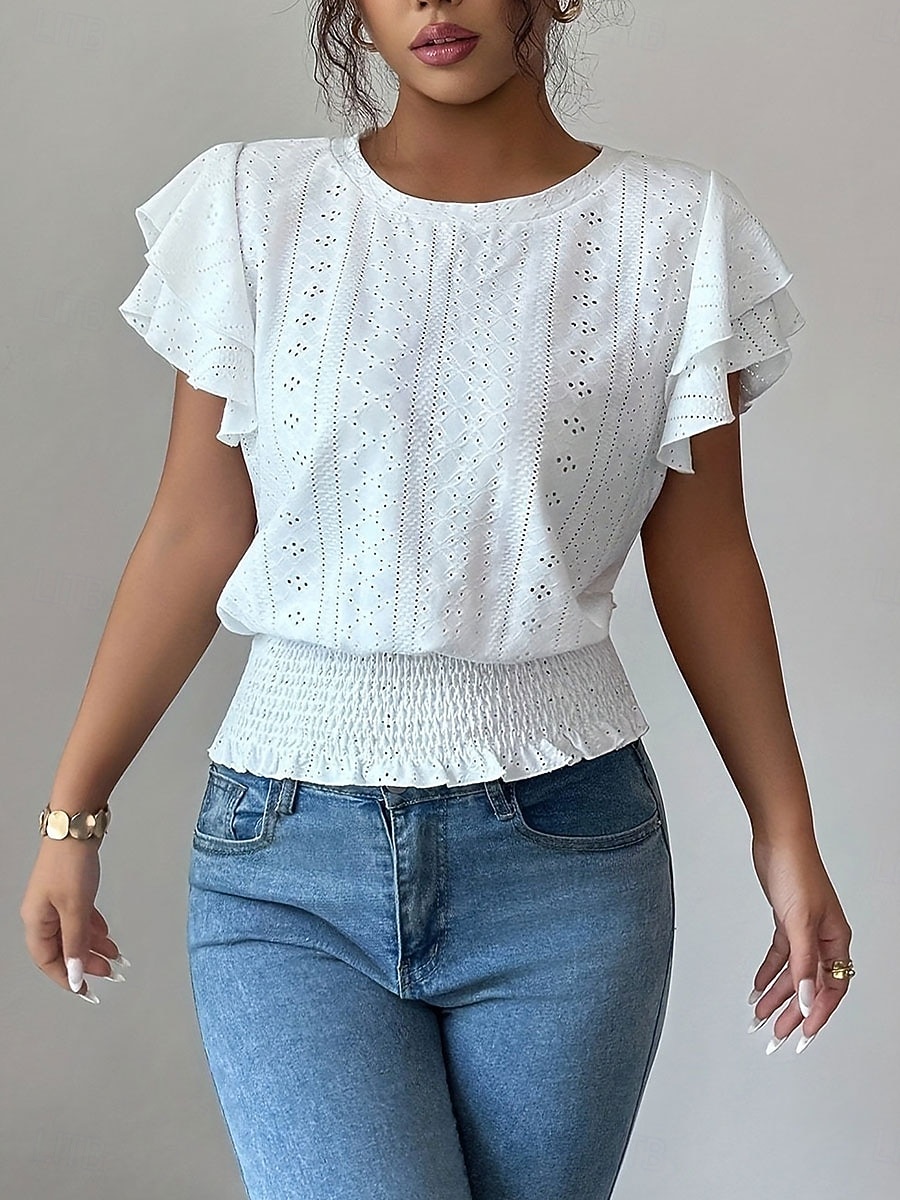 Per donna Camicia traforata Top traforato Camicia con volant Traforato Tinta unica Vintage Elegante Senza Maniche Top Regolari Casuale Bianco Rosa Azzurro Estate Primavera del 2026 a $18.49 –P3
