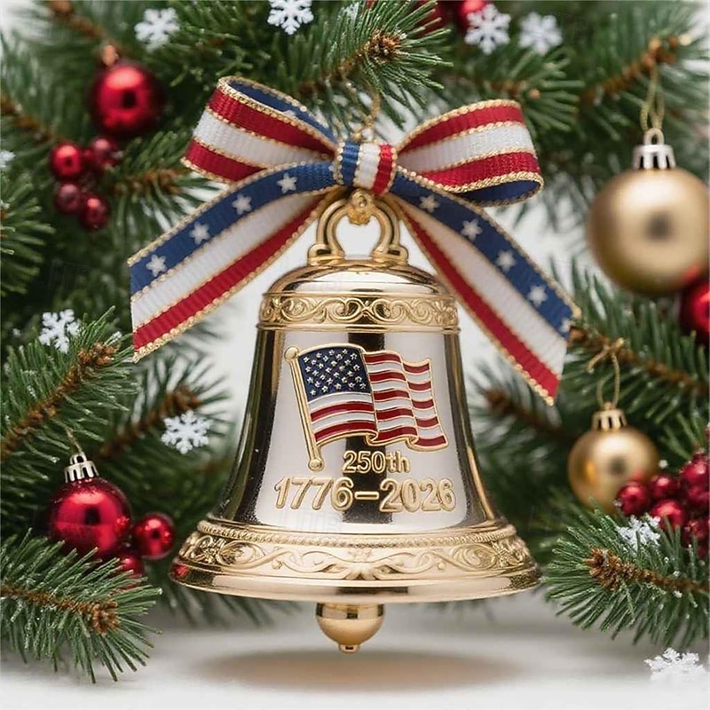 Conjunto de 3 enfeites de Natal em forma de sino comemorativo do 250º aniversário dos EUA, 1776-2026, sino de metal comemorativo da bandeira americana para decoração de árvore, lembrança do de 2026 por $28.99 –P5