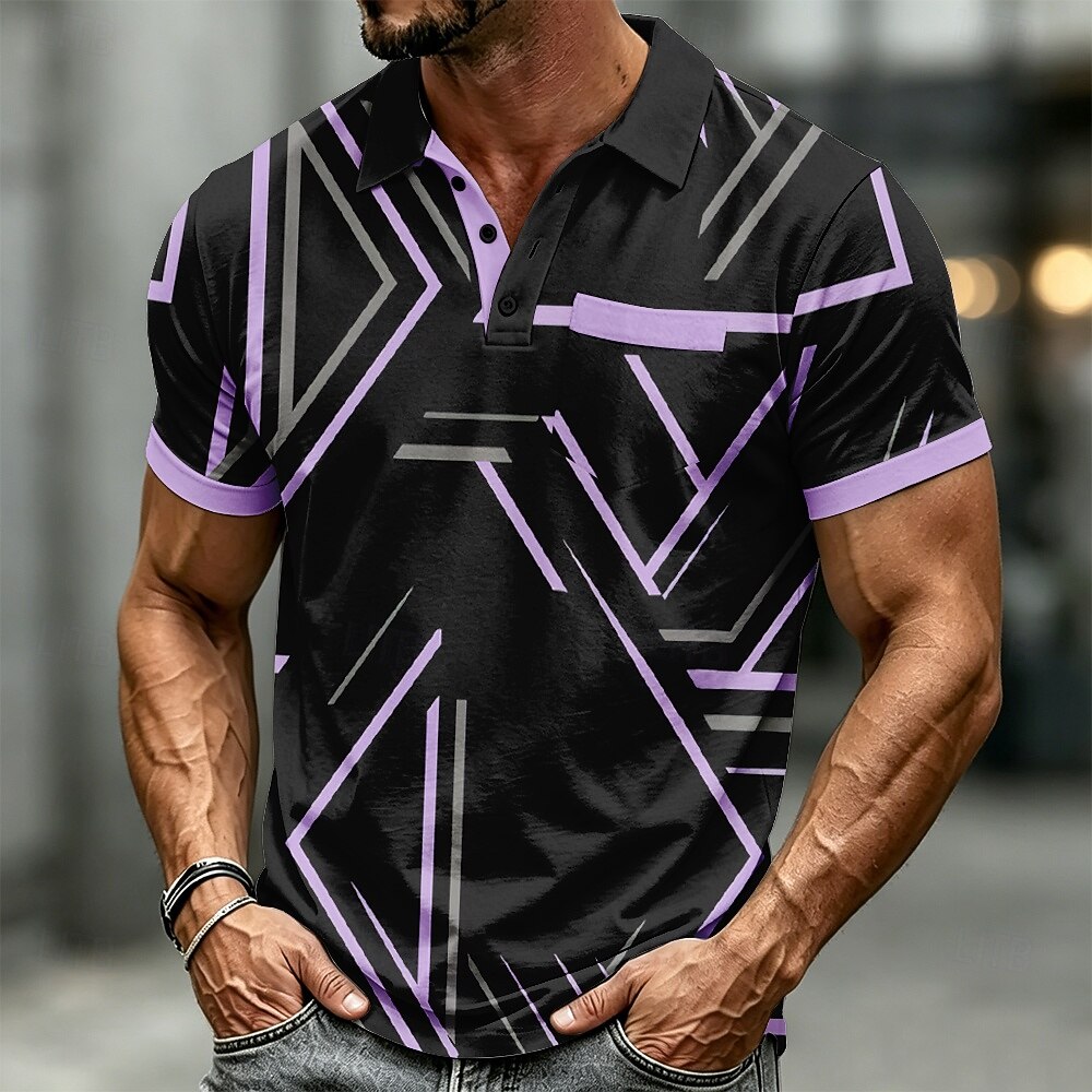 Men's Geometic Polo Shirts Short Sleeve Polo Shirts Collared Shirts Casual Outdoor Athleisure Daily Wear 3D Print Buttons Breathable Mesh Spring & Summer Blue Purple Brown 2026 - $24.99 –P2