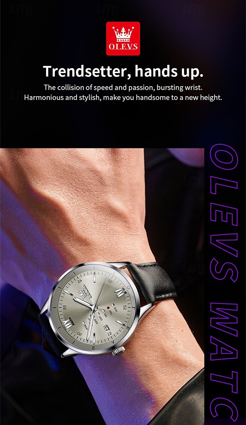OLEVS Men's Luxury Watch Business Fashion Quartz Wristwatch Waterproof Leather Strap Blue Sunray Dial with Unique Day Date Display Luminous Hands Roman Numerals Dress Watch for Male Gift 2026 - $31.99 –P19