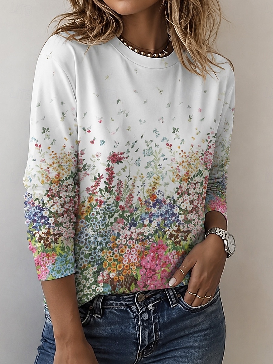 Ostern Damen T Shirt Druck Blumen Grafik Pflanzen Stilvoll Klassisch Modern Langarm Rundhalsausschnitt Rundhals Normale Oberteile Lässig Täglich Wochenende Weiß Leicht Rosa Grün Beige Sommer Frühling 2026 - $24.99 –P4