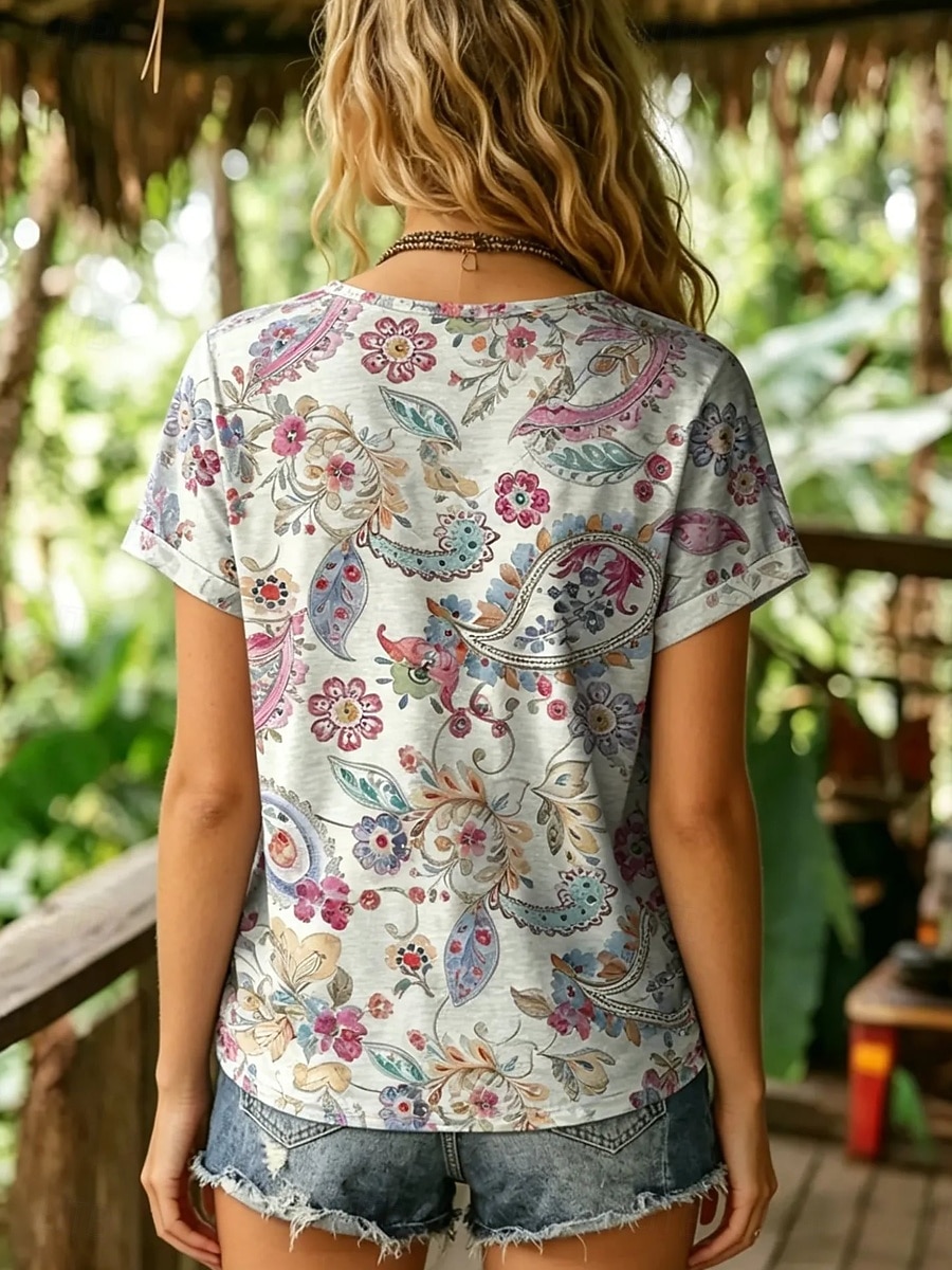 Women's T Shirt Print Graphic Paisley Stylish Classic Casual Short Sleeve V Neck Regular Tops Casual Daily White Green Summer Spring 2026 - $21.99 –P2