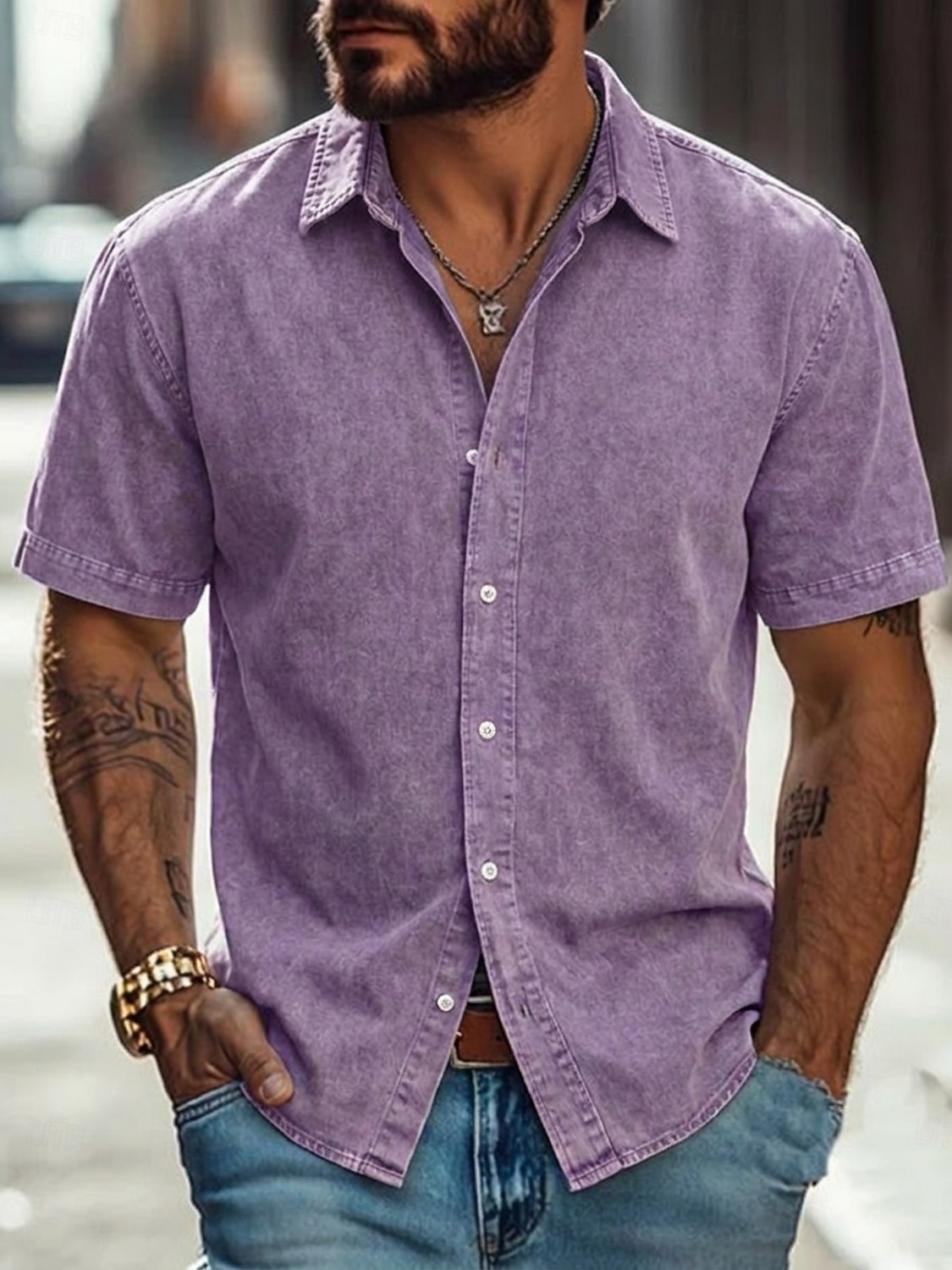 Men Shirt Casual Shirt Button Up Shirt 100% Cotton Acid Wash Shirt Acid Wash Shirt Blue Black Pink Navy Blue Purple Short Sleeve Plain Shirt Collar Casual Daily Clothing Apparel Elegant Fashion Casual 2026 - $31.99 –P4