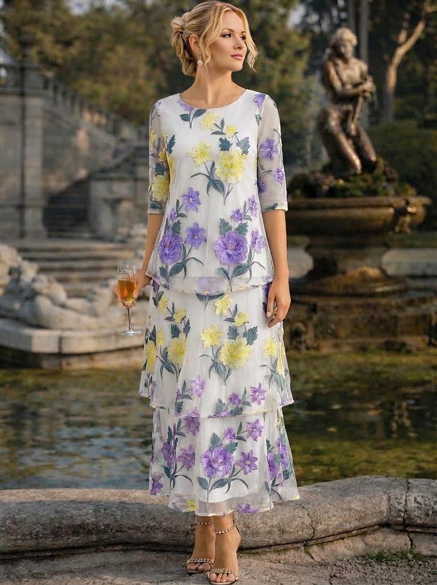A-Linie Kleid Knöchellänge Partykleid Cocktailkleid Brautmutterkleid Halbarm Rundausschnitt Elegant Vintage Formell Hochzeitsgast Ferien Chiffon mit Blumenmuster Rüschen Stickerei 2026 - $183.99 –P14