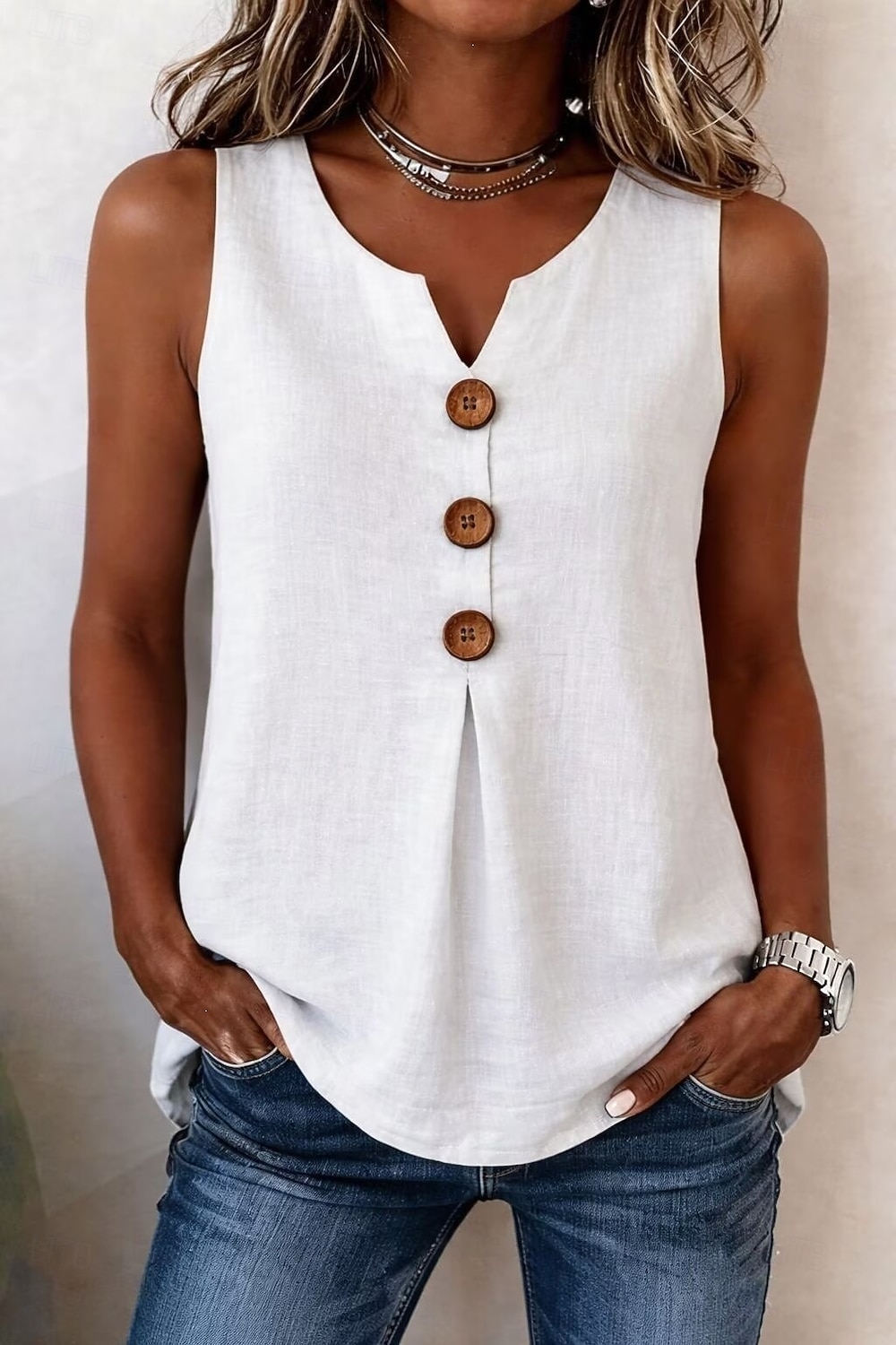 Mujer Blusa Color sólido Vintage Elegante Básico Sin Mangas Escote en Pico Tops largos Casual Diario Azul Piscina Blanco Rojo Naranja Verde Trébol Verano Primavera 2026 - $10.49 –P1
