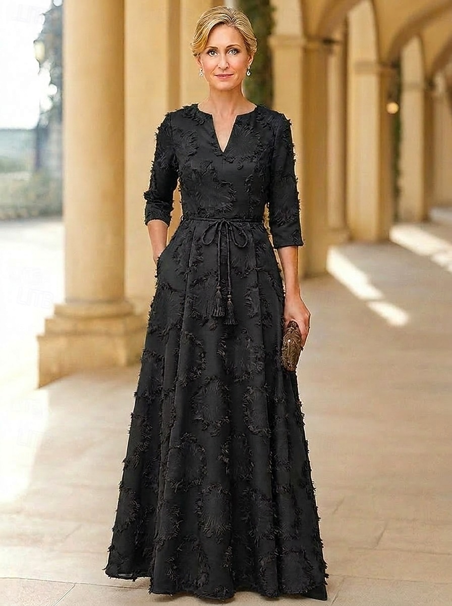 A-Line Floor Length Wedding Guest Dress Formal Dresses Mother of the Bride  Dress 3/4
