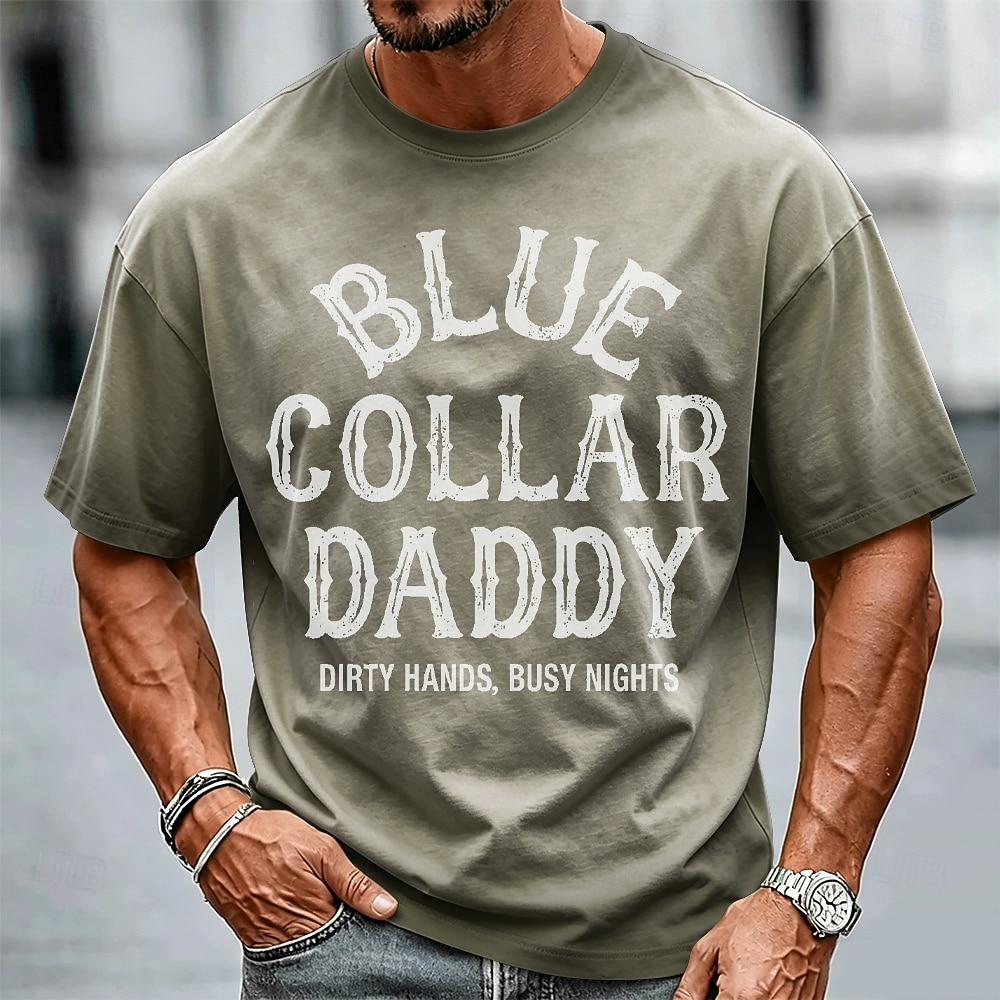 Men's Blue Collar Daddy Dirty Hands Busy Nights Cotton Acid Wash Shirt Heavyweight T-shirt Short Sleeve T shirt DTG Crew Neck Shirt Fashion Daily Street Holiday Clothing 2026 - $27.99 –P5