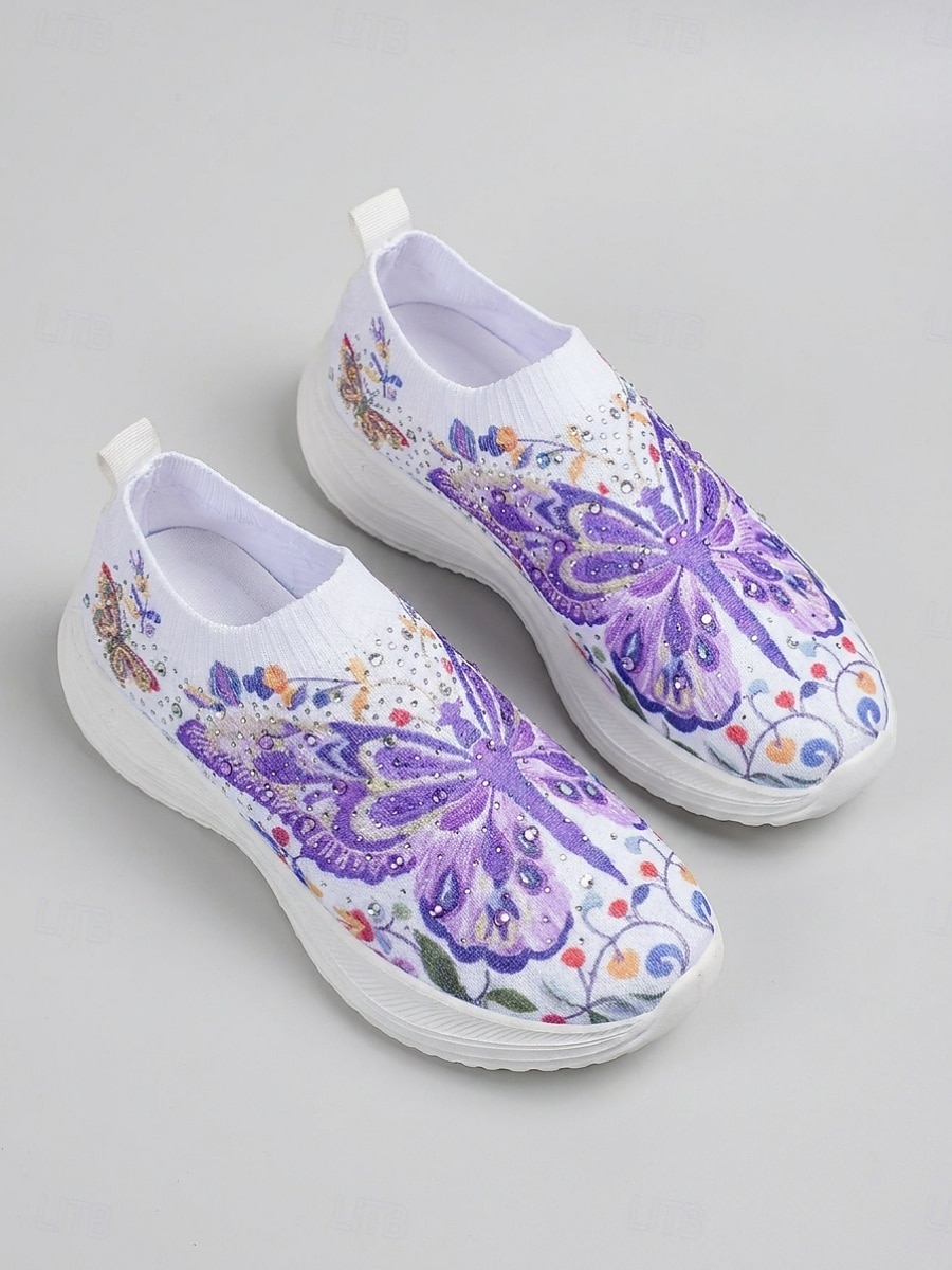 Tênis slip-on feminino roxo vibrante com estampa de borboletas - calçado esportivo leve com plataforma e detalhes em strass. &Tênis casual de malha respirável, ideal para caminhadas leves e passeios de 2026 por $32.99 –P3