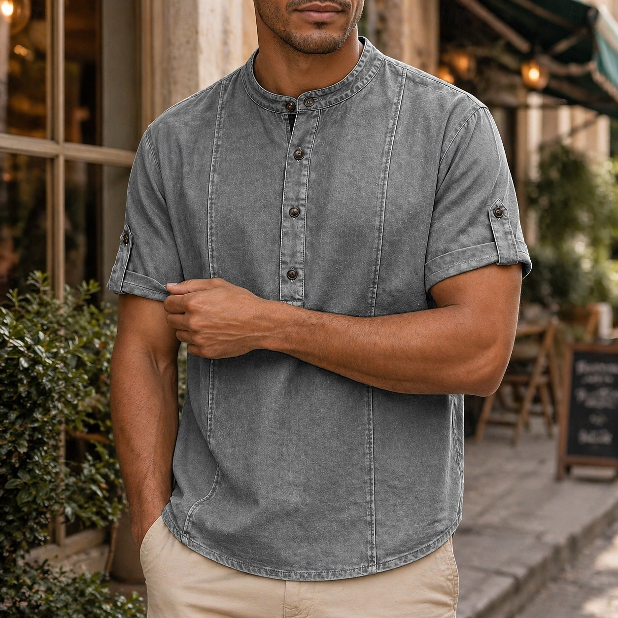 Herr Skjorta Popover skjorta Casual skjorta Färgade plagg Syratvättad skjorta Svart Marinblå Purpur Militärgrön Grå Kortärmad Slät farfars krage Ledigt Dagligen Kläder Elegant Mode Ledigt 2026 - $31.99 –P3