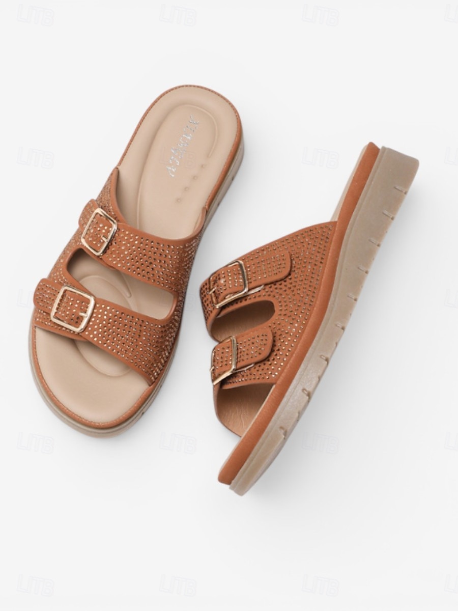 Sandálias femininas marrons com fivela dupla e strass – chinelos de verão brilhantes e confortáveis com palmilha macia e acolchoada para pés inchados, ideais para férias. &roupa casual para o dia a de 2026 por $34.99 –P1