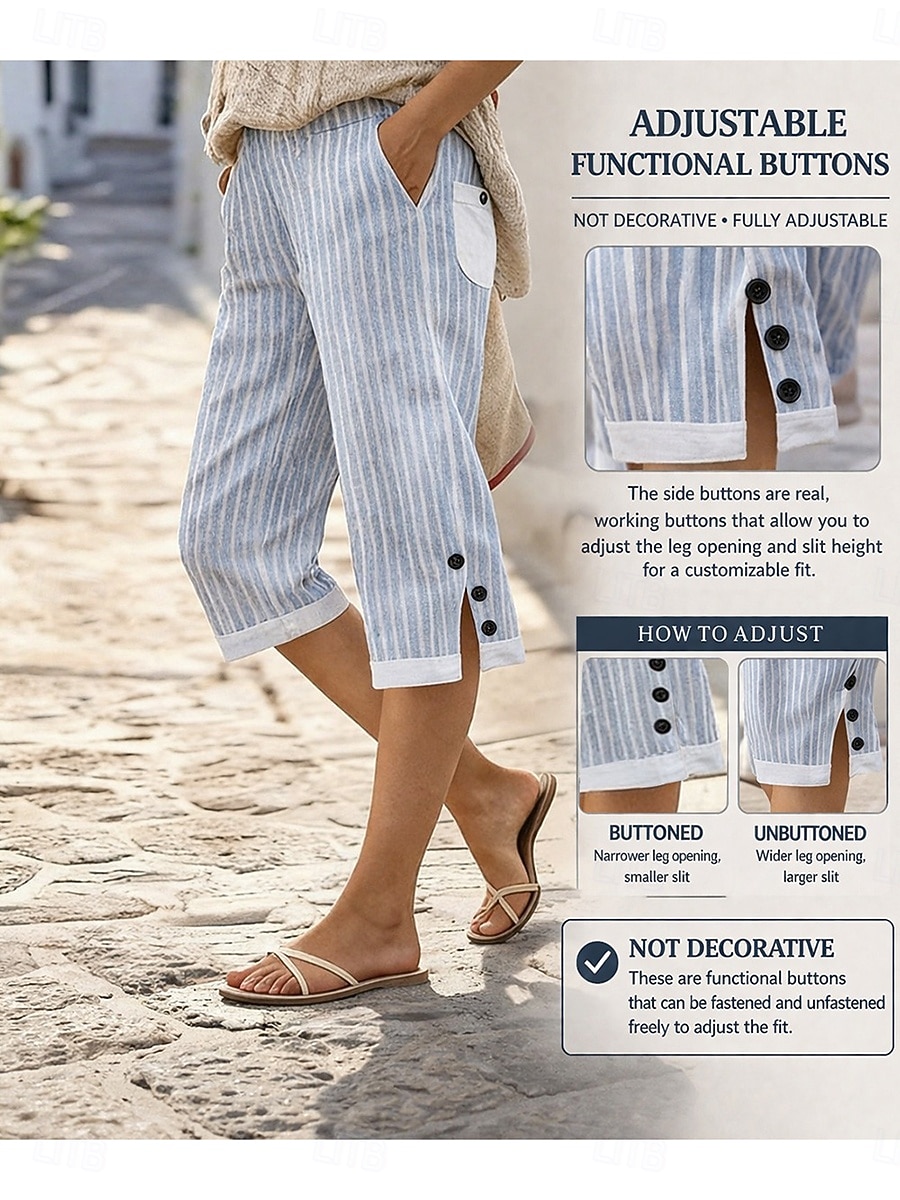 Per donna Pantaloni capri Pantaloni in cotone e lino Chinos Vacanza Essenziale Casual Lunghezza al polpaccio Vita Alta A righe Tasca Stampa Comodo Morbido Confortevole Micro-elastico Quotidiano del 2026 a $11.49 –P4