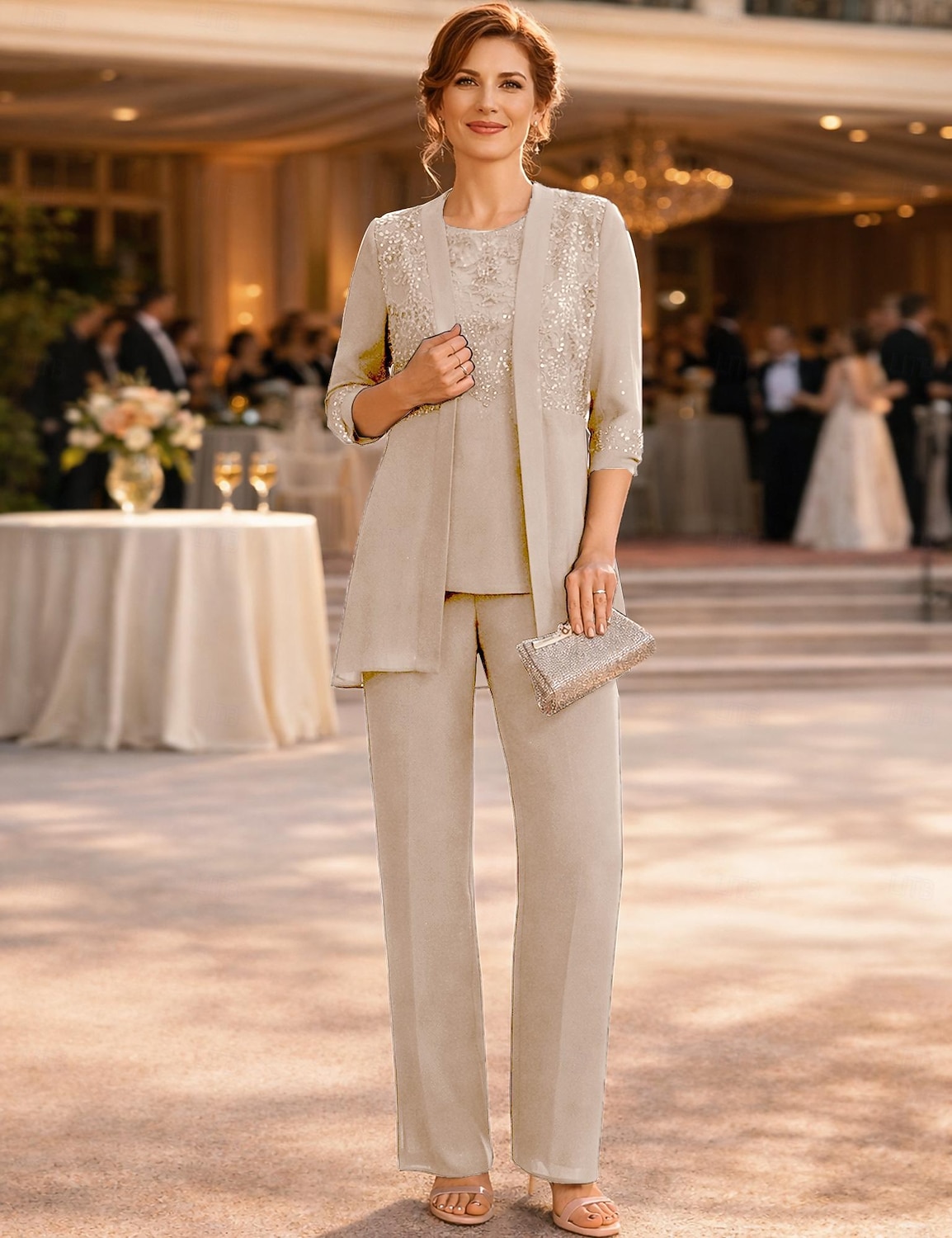 Ensemble pantalon robe mère de la mariée longueur de cheville manches ¾ col ras du cou élégante vintage formelle invité au mariage avec couleur unie de 2026 ? $183.99 –P5