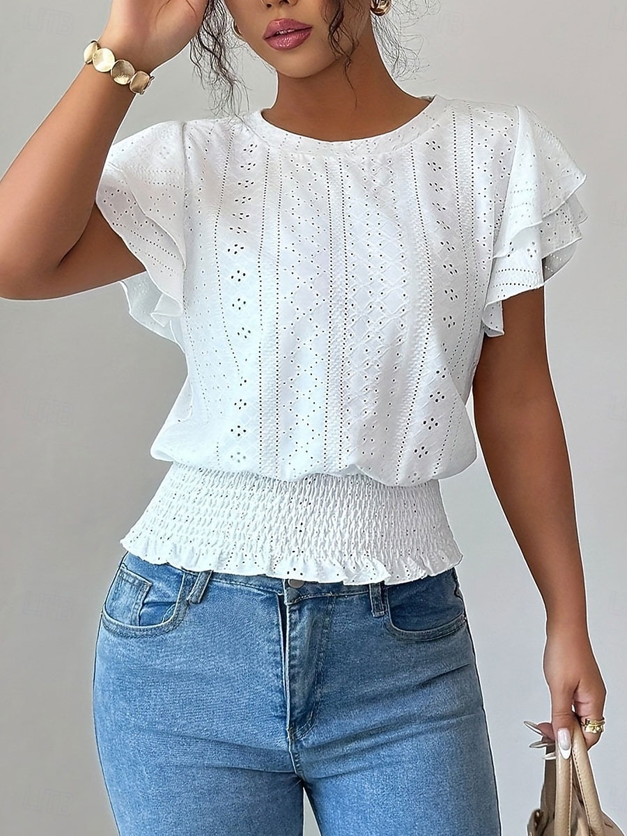 Per donna Camicia traforata Top traforato Camicia con volant Traforato Tinta unica Vintage Elegante Senza Maniche Top Regolari Casuale Bianco Rosa Azzurro Estate Primavera del 2026 a $18.49 –P1